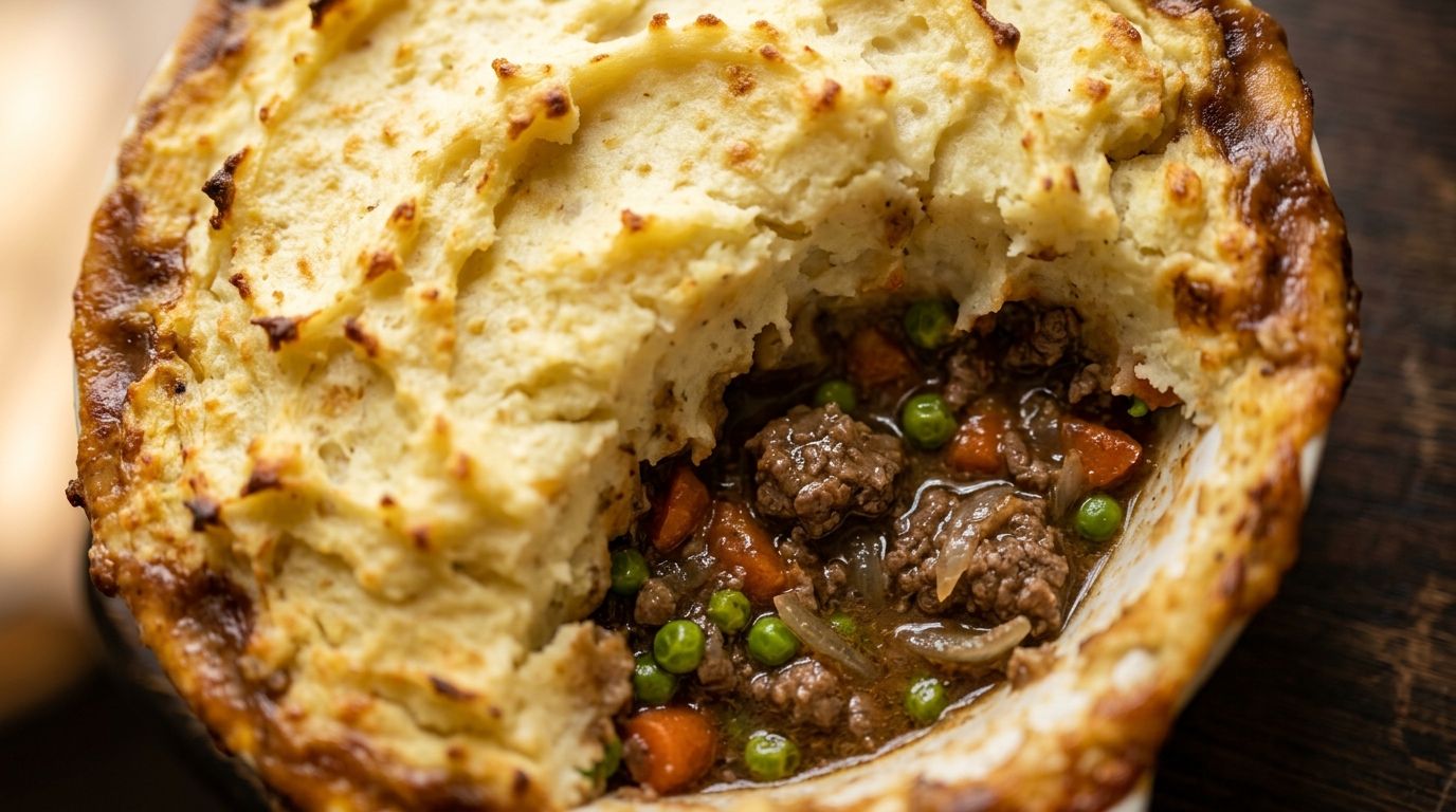 Instant pot shepherds pie with creamy mashed potato topping and golden brown edges in a white dish.