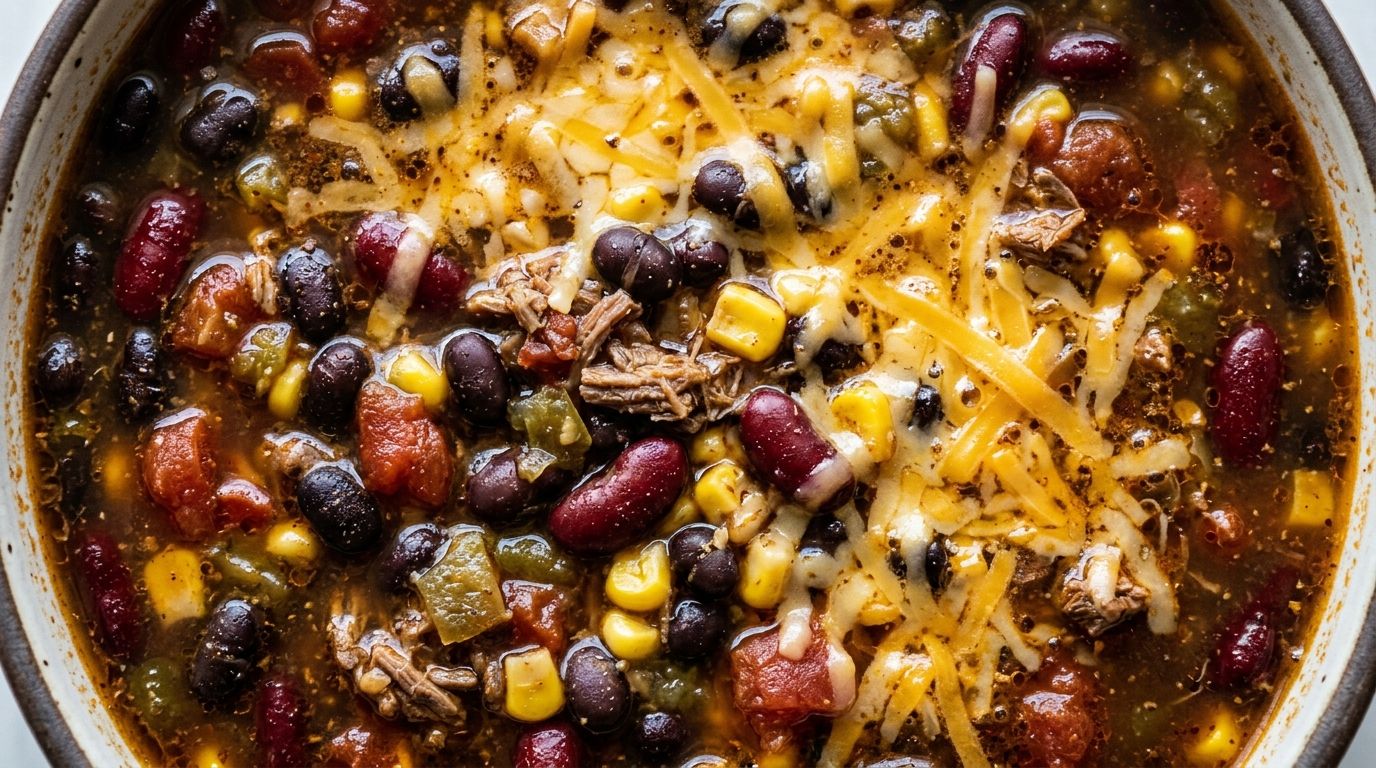 Instant pot taco soup in a white bowl topped with shredded cheddar, sour cream, and tortilla chips.