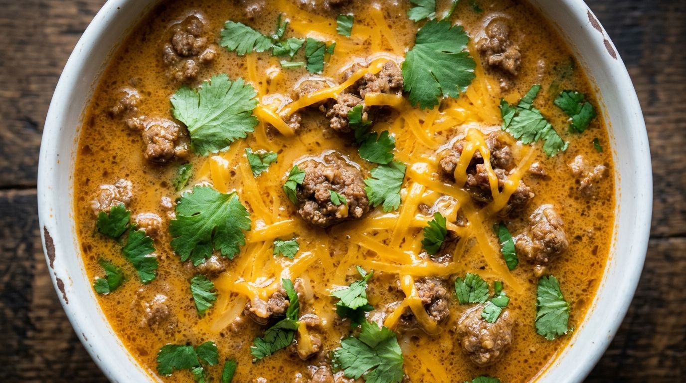 Keto taco soup in a white bowl topped with shredded cheddar and fresh cilantro