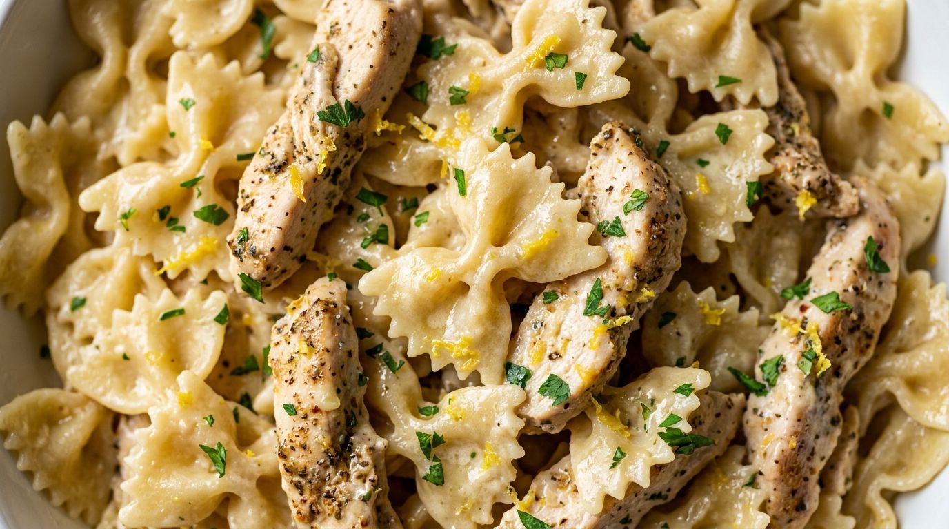 Overhead view of creamy lemon chicken pasta with farfalle, golden chicken strips, and fresh parsley in a skillet.