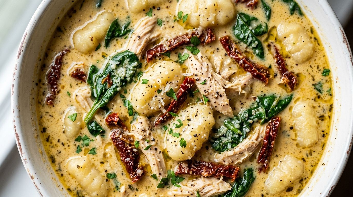 Creamy marry me chicken gnocchi soup in a white bowl with sun-dried tomatoes, spinach, shredded chicken, and Parmesan.