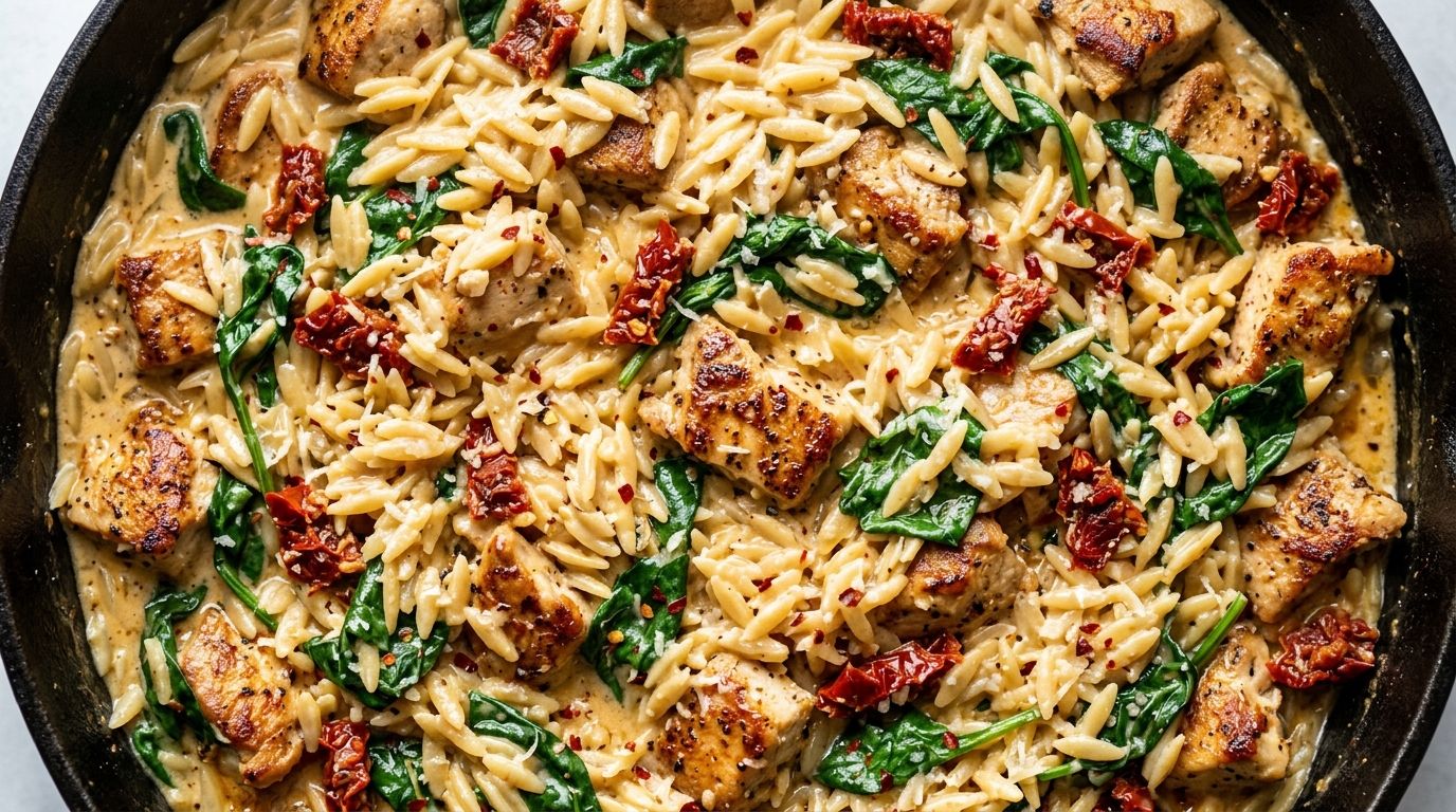 Marry me chicken orzo in a cast-iron skillet with creamy sauce, sun-dried tomatoes, and wilted spinach.