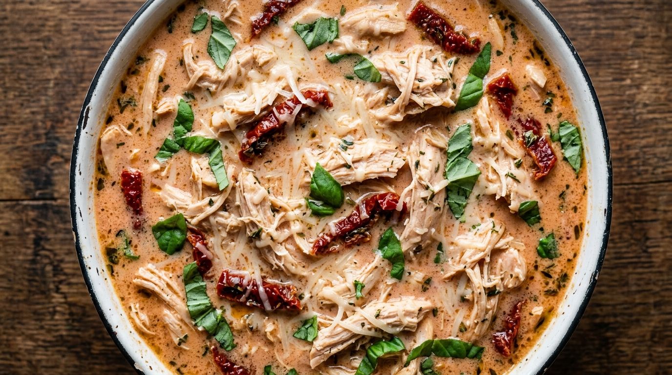 Marry me chicken soup in a white bowl with shredded chicken, sun-dried tomatoes, and fresh basil