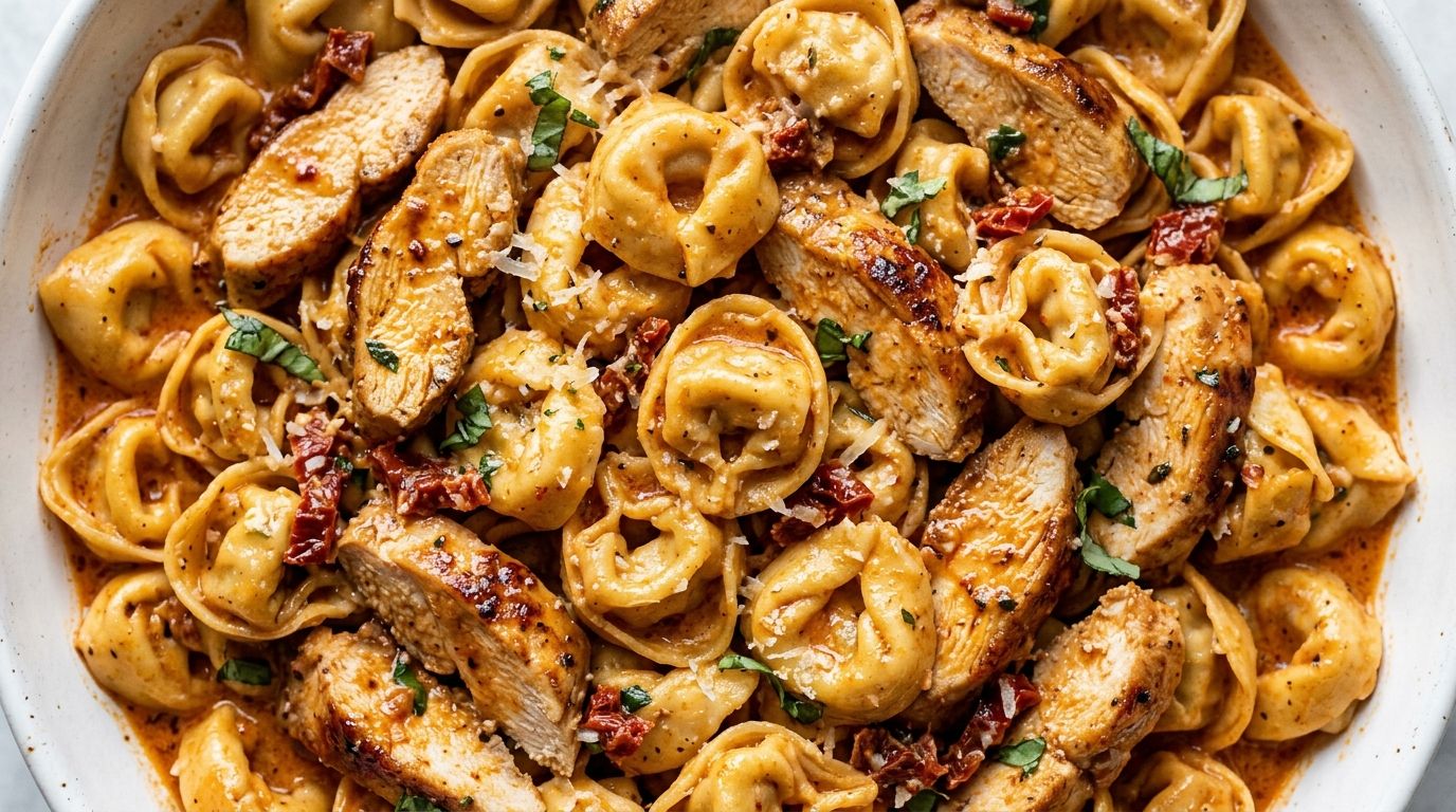Marry me chicken tortellini in a white bowl with creamy sun-dried tomato sauce and fresh basil garnish.