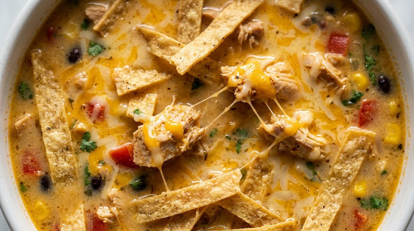 Creamy chicken tortilla soup in a white bowl topped with crispy tortilla strips and shredded cheddar cheese.