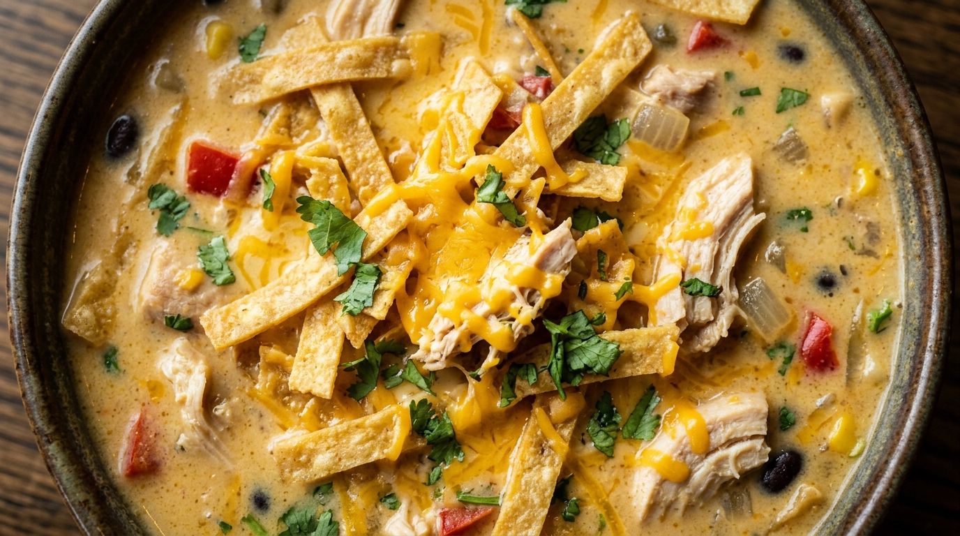 Creamy chicken tortilla soup in a bowl topped with crispy tortilla strips, shredded cheddar, and sour cream.