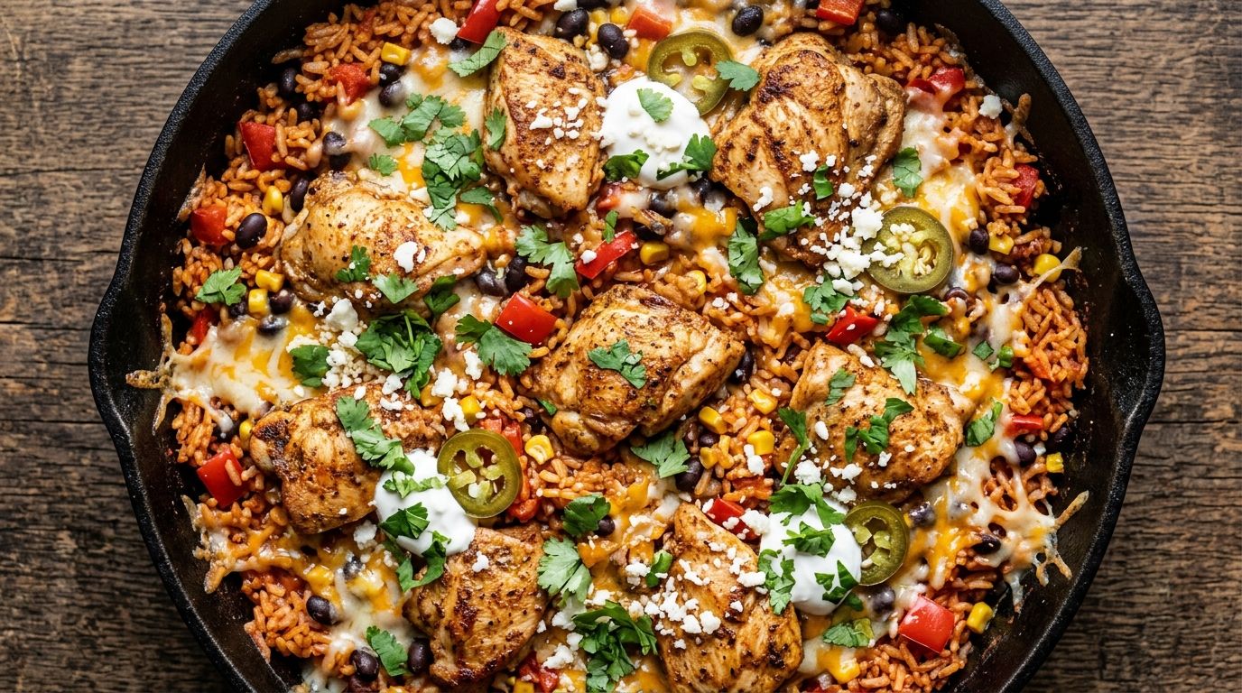 Mexican chicken and rice in a cast-iron skillet with black beans, melted cheese, and fresh cilantro on a dark oak surface.