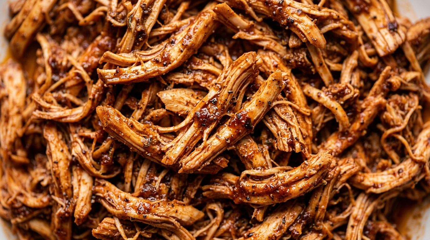 Mexican shredded chicken in a cast-iron skillet with chipotle sauce, cilantro garnish, on a dark oak surface