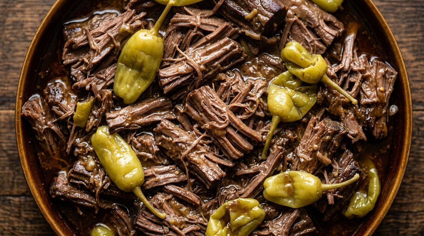 Overhead view of shredded Mississippi pot roast with pepperoncini and buttery gravy in a slow cooker.