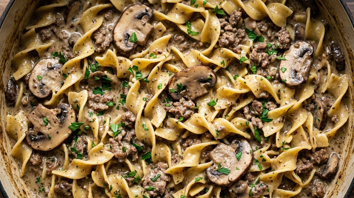 Creamy one pot beef stroganoff with ground beef, mushrooms, and egg noodles in a tangy sour cream sauce.