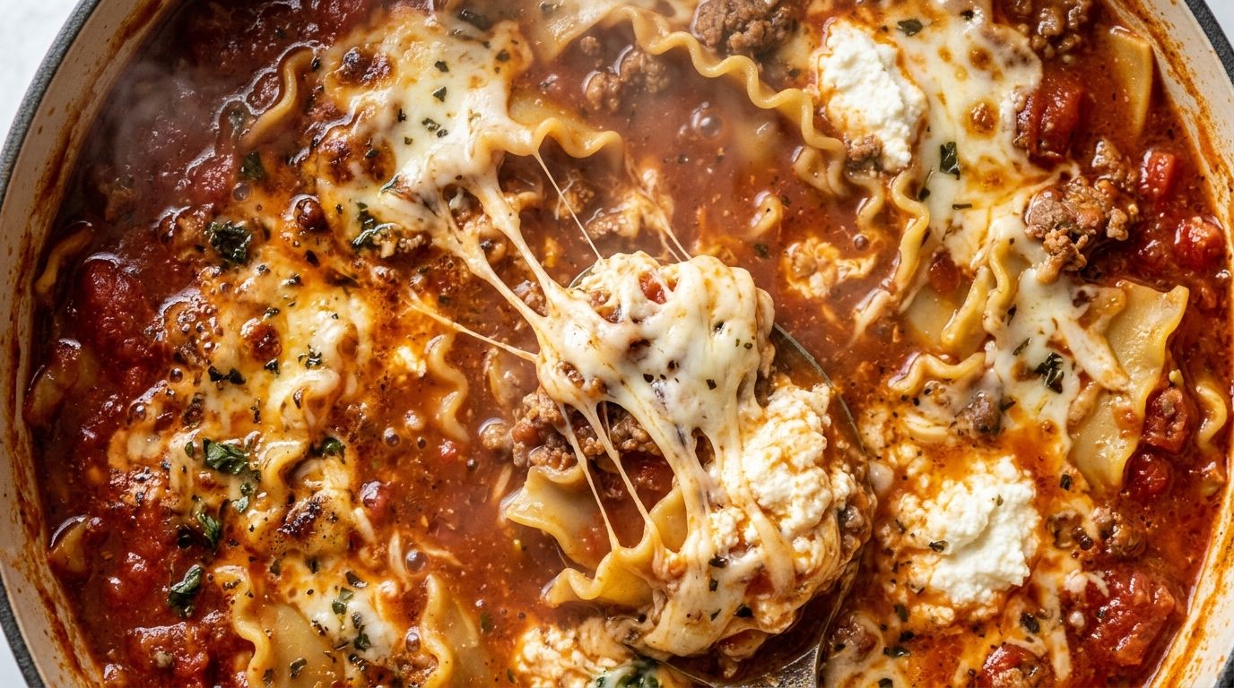 One pot lasagna soup in a Dutch oven with ricotta dollops, melted mozzarella, and fresh basil on a dark wood surface.