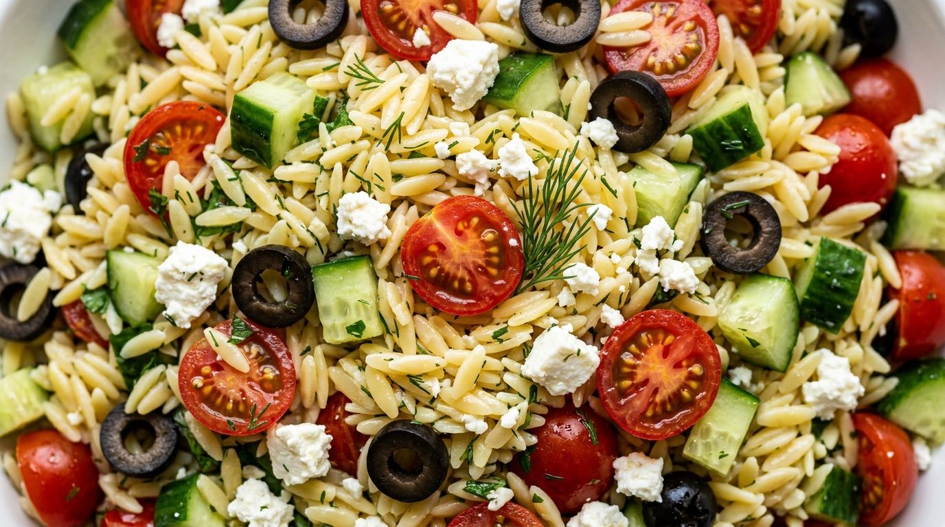 Overhead view of orzo pasta salad with cherry tomatoes, cucumber, olives, feta, and fresh herbs on a dark wooden surface.