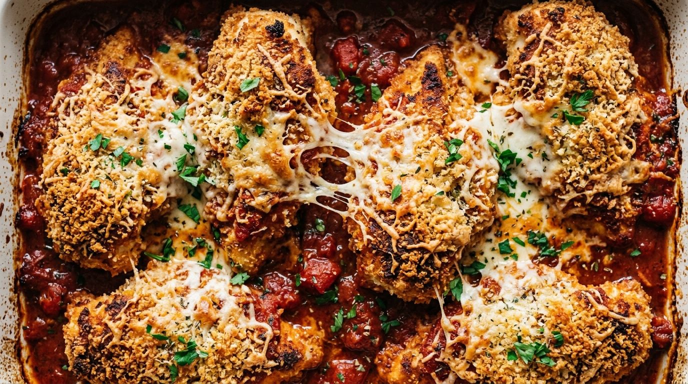 Crispy parmesan chicken with melted mozzarella and marinara sauce on a dark wood surface.