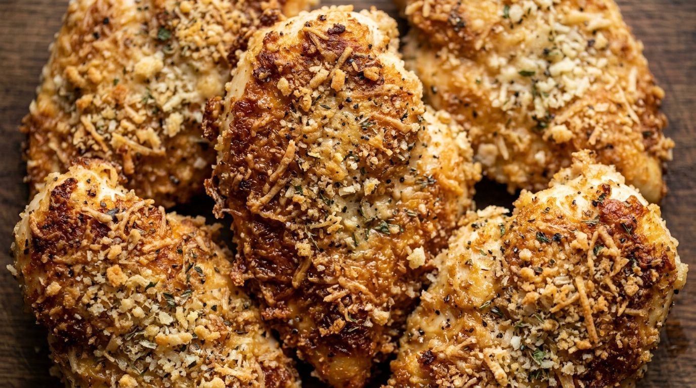 Four golden parmesan crusted chicken breasts with crispy panko coating on a dark oak board.