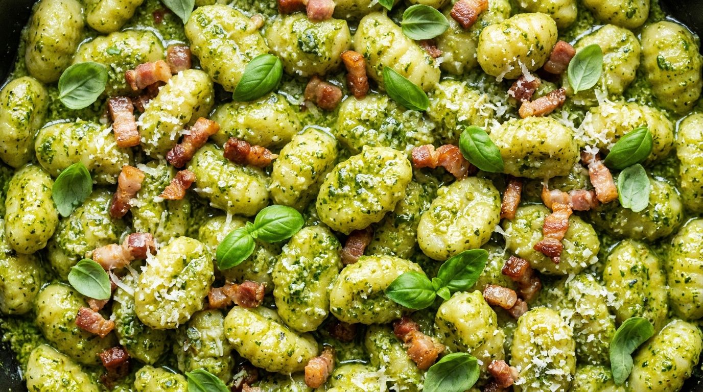 Pesto gnocchi in a skillet with crispy pancetta, fresh basil leaves, and grated Parmesan on a dark wood surface.