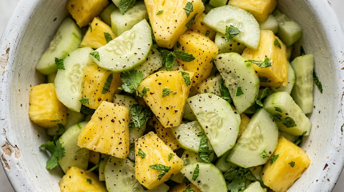Pineapple cucumber salad with apple chunks and torn mint leaves in a white ceramic bowl on a dark oak surface.