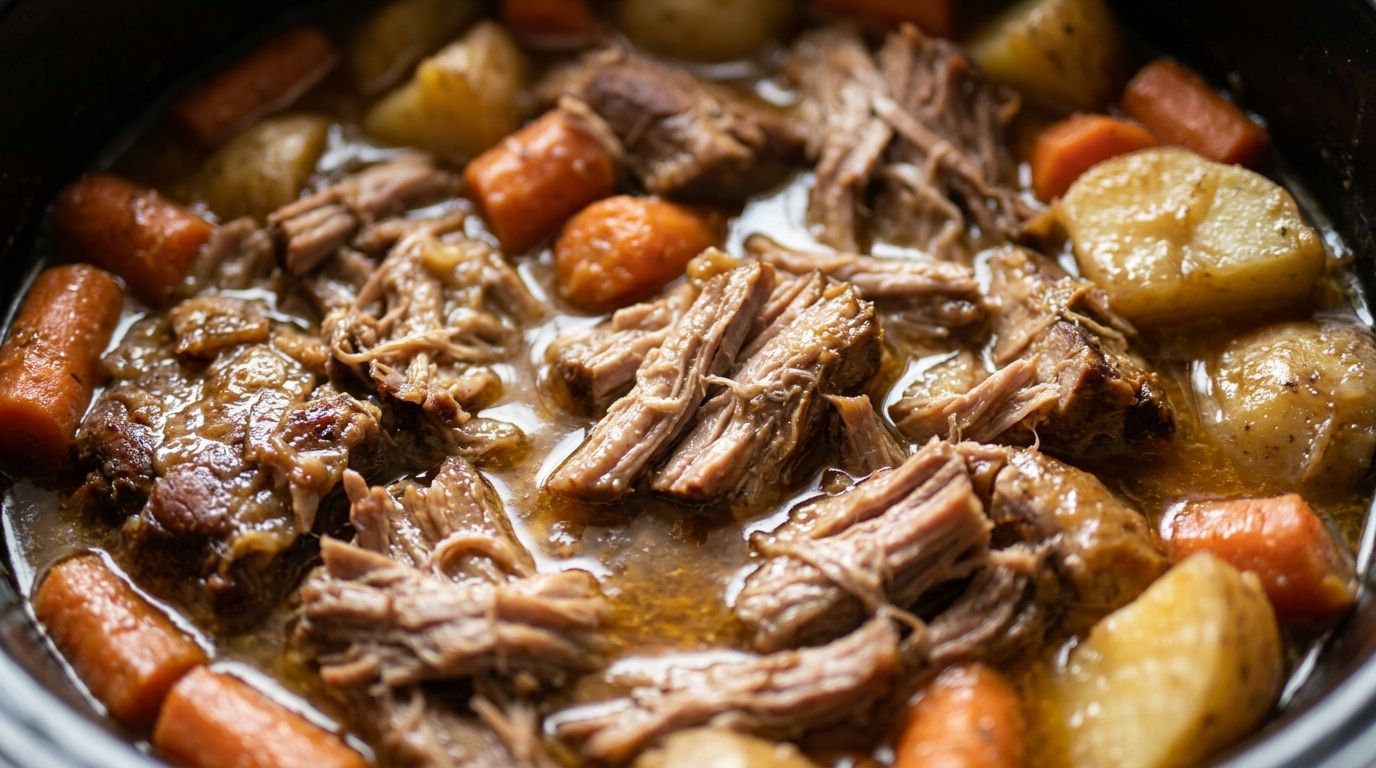 Fall-apart pork roast with carrots and potatoes in rich amber gravy in a slow cooker on dark oak.