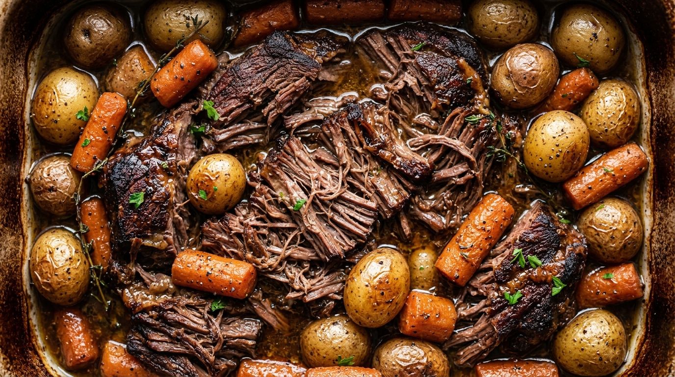Shredded pot roast with baby potatoes, carrots, and dark gravy in a Dutch oven on a wood surface.