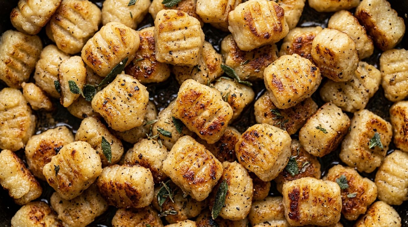 Homemade potato gnocchi with golden seared edges and fork ridges in brown butter on a dark wood surface.