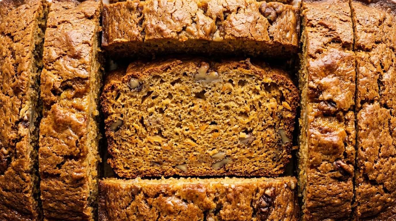 Sliced pumpkin banana bread on a worn dark oak board showing golden crackled crust and tender orange-tinted crumb.