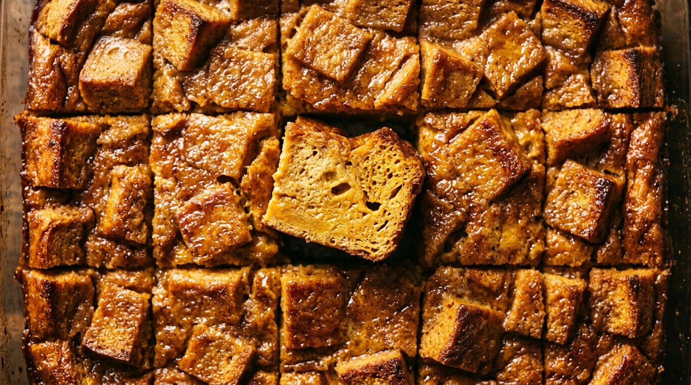 Pumpkin bread pudding in a dark baking dish, golden crackled top with one piece lifted revealing custardy interior.