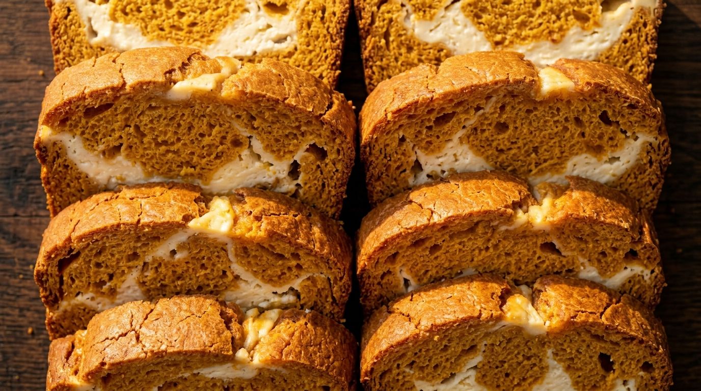 Sliced pumpkin cream cheese bread on dark oak showing cream cheese swirl layer through the orange spiced crumb.