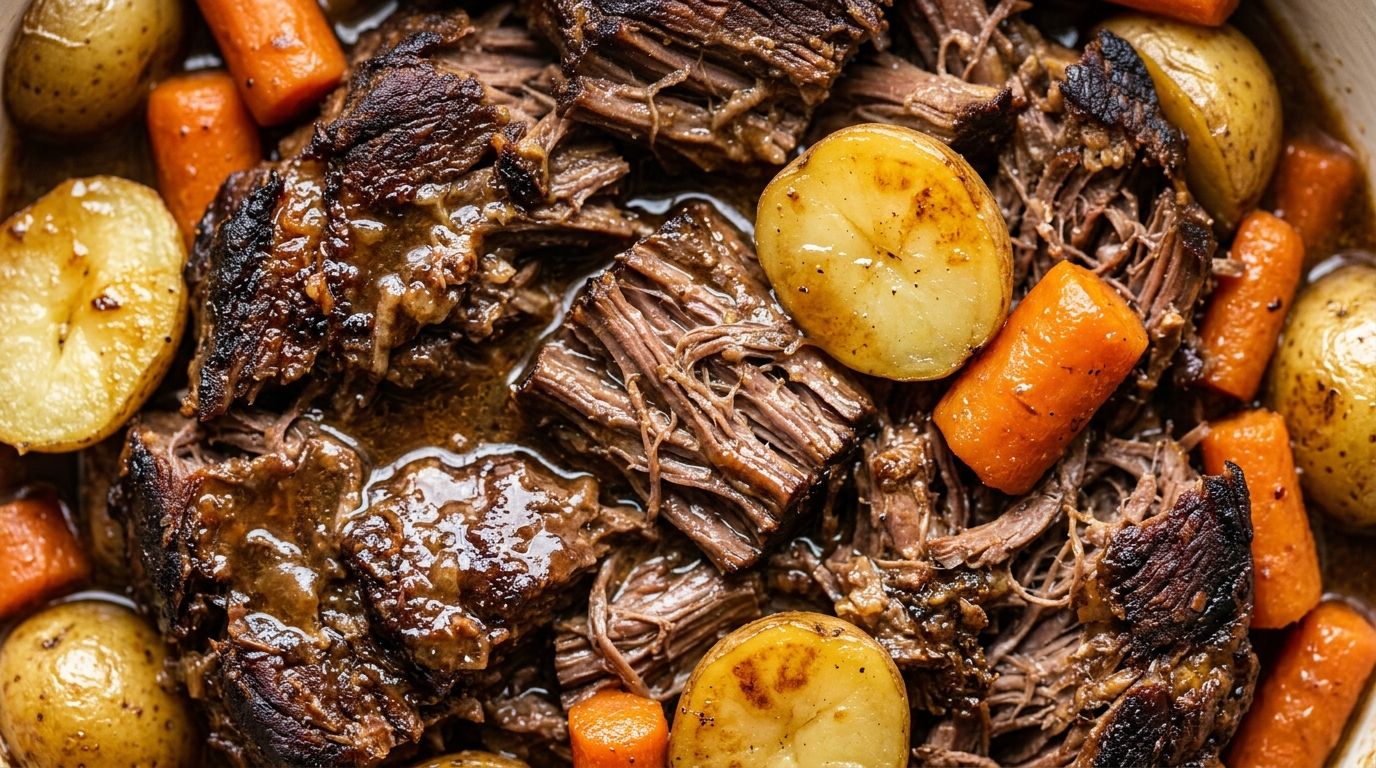 Shredded roast beef with baby potatoes and carrots in rich brown gravy from a slow cooker.