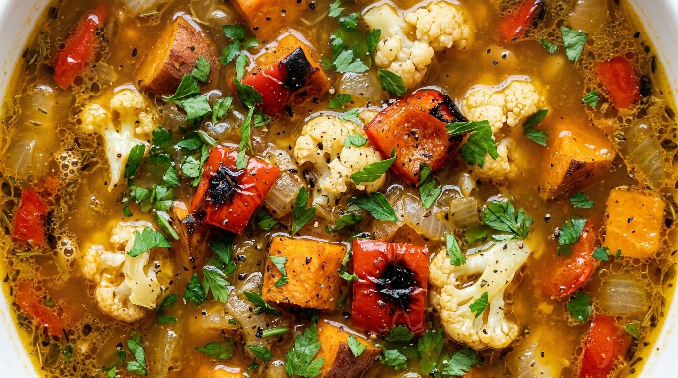 Roasted vegetable soup in a white bowl with caramelized sweet potato, bell pepper, and cauliflower topped with fresh parsley on dark oak.