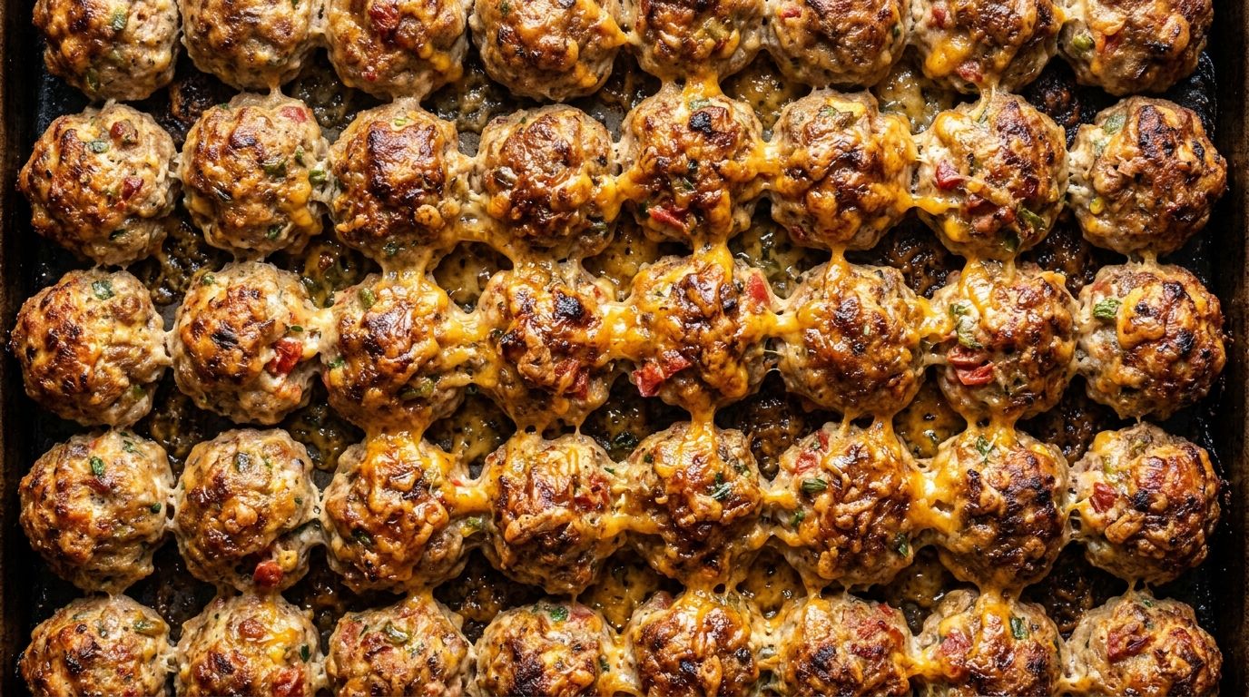 Golden sausage balls with cream cheese and Rotel in a white serving bowl on a dark wood surface.