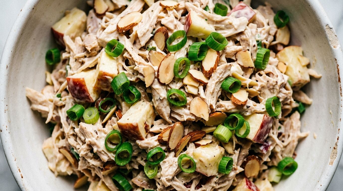 Rotisserie chicken salad with diced apple, celery, green onions, and almonds in a white bowl.