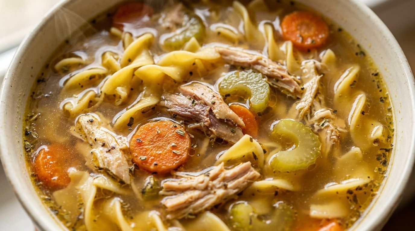 Rotisserie chicken soup with egg noodles, carrot coins, and celery in a white bowl on a dark wood surface.