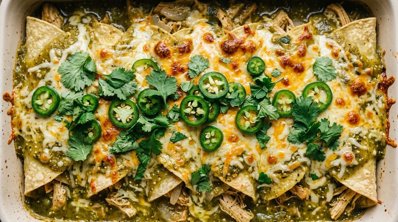 Salsa verde chicken enchiladas in a baking dish with melted Monterey Jack cheese, cilantro, and sliced jalapeños.