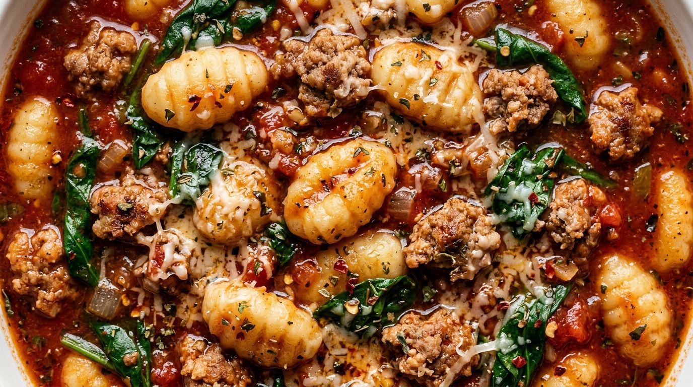Sausage gnocchi soup with Italian sausage, pillowy gnocchi, wilted spinach, and tomato broth in a Dutch oven topped with Parmesan.