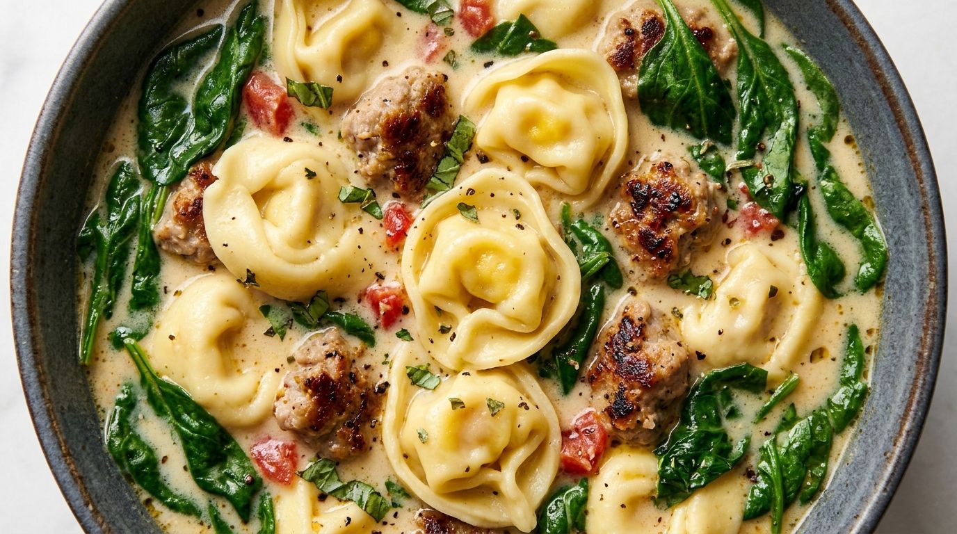 Creamy sausage tortellini soup with plump cheese tortellini, Italian sausage, and wilted spinach in a rich broth.