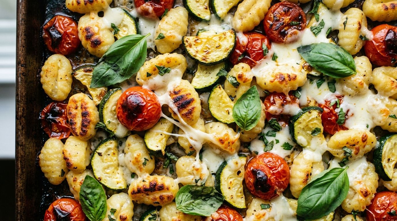 Sheet pan gnocchi with burst cherry tomatoes, roasted zucchini, red onion wedges, and pools of melted mozzarella on dark oak.