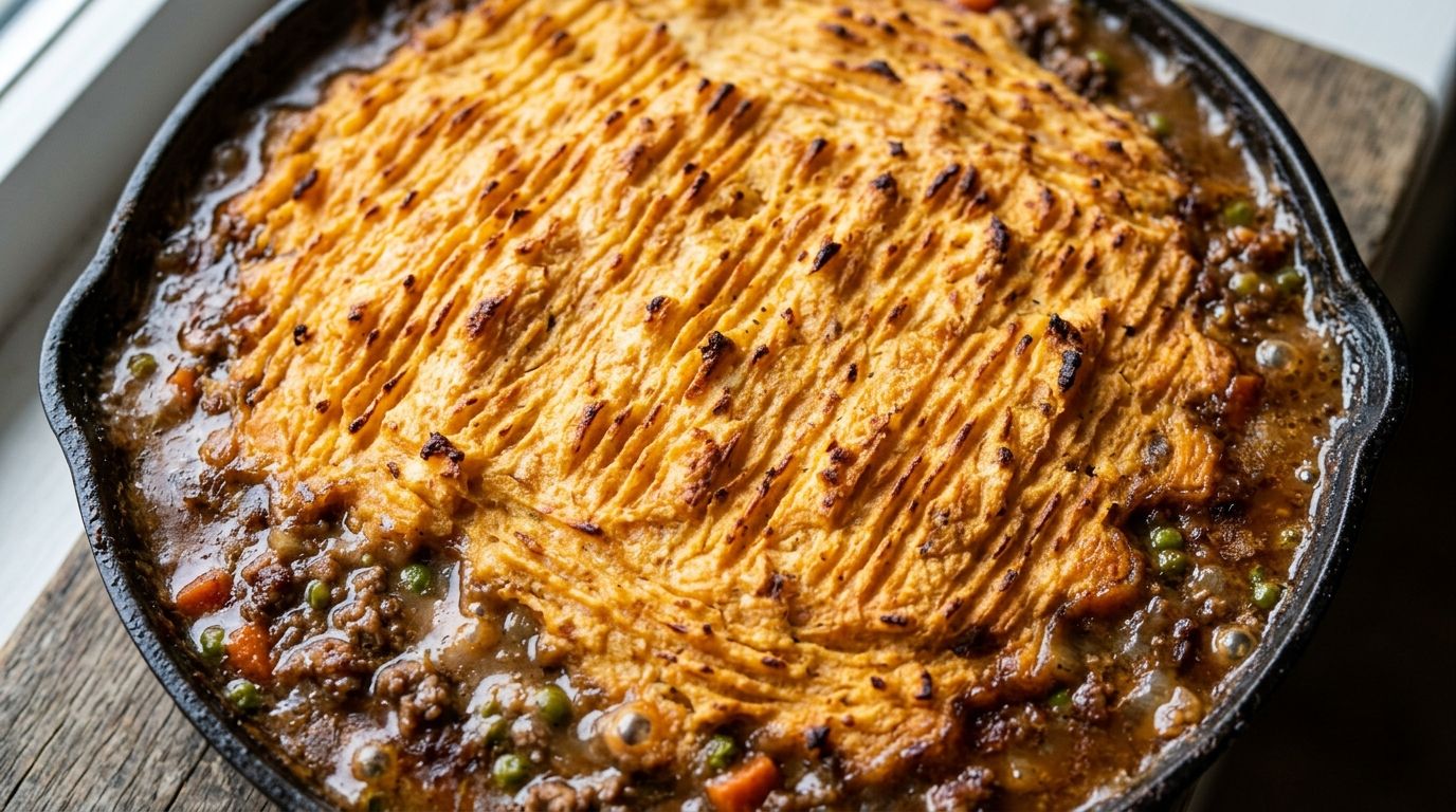 Shepherds pie in a cast iron skillet with golden broiled mashed potato topping and lamb filling with peas and carrots.