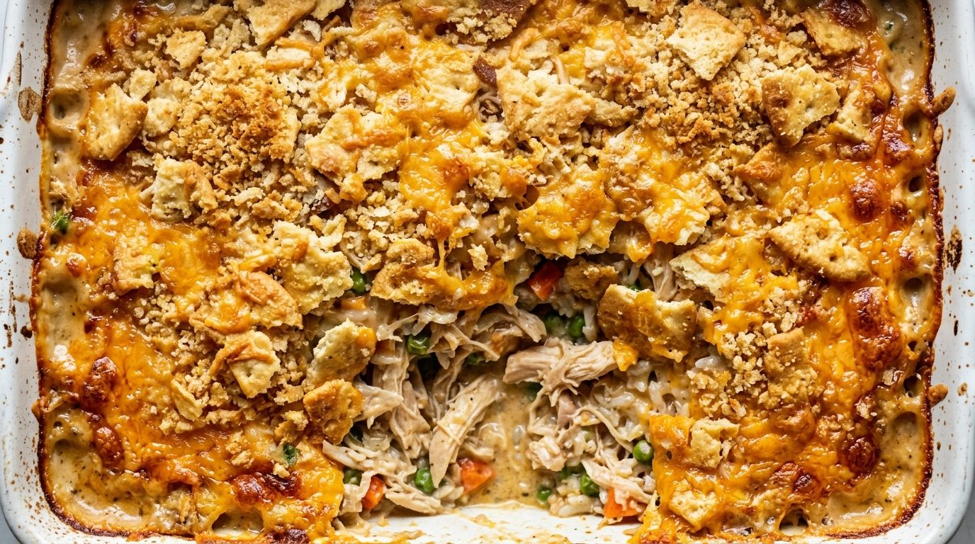 Overhead baking dish of shredded chicken casserole with golden cracker topping and bubbling cheddar edges, garnished with fresh parsley.