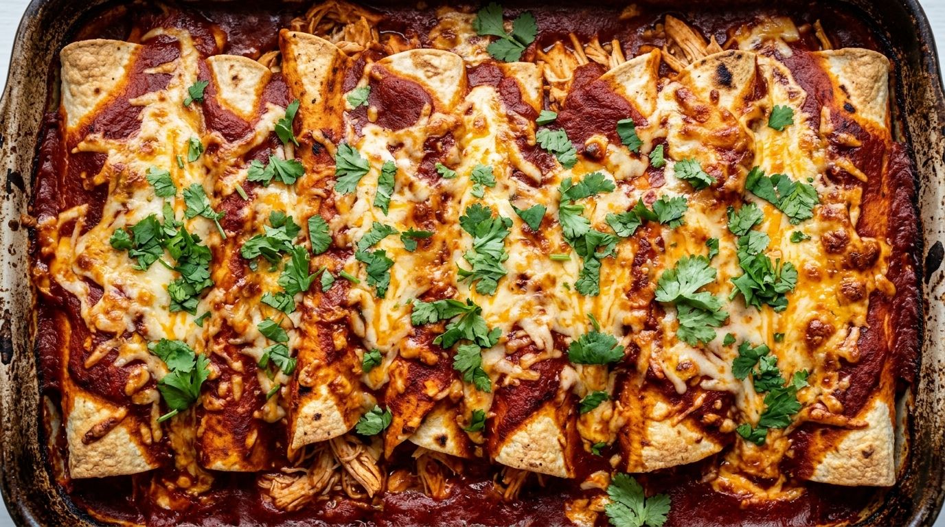 Shredded chicken enchiladas in a baking dish topped with melted cheese and fresh cilantro on a wood surface.