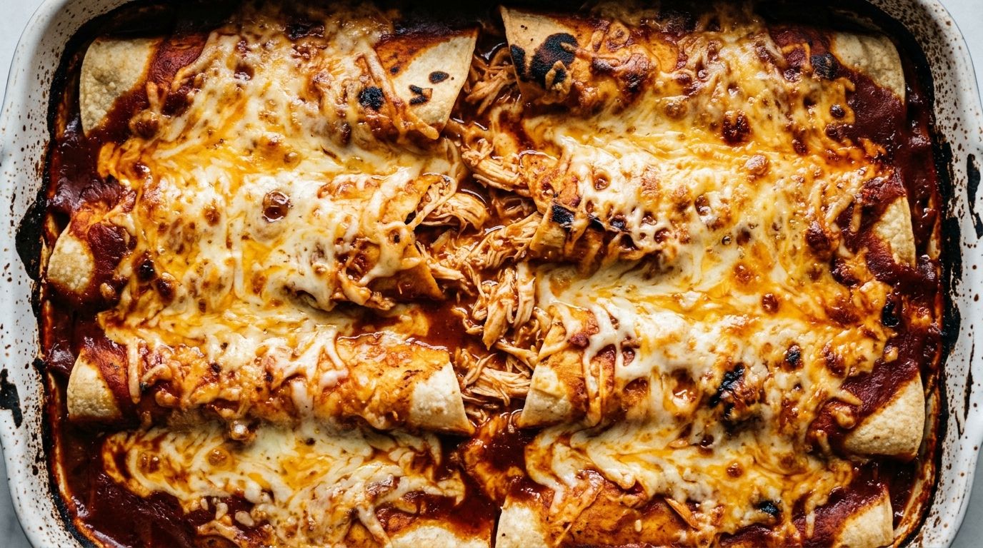 Shredded chicken enchiladas in a baking dish with bubbling red sauce and golden melted cheese.