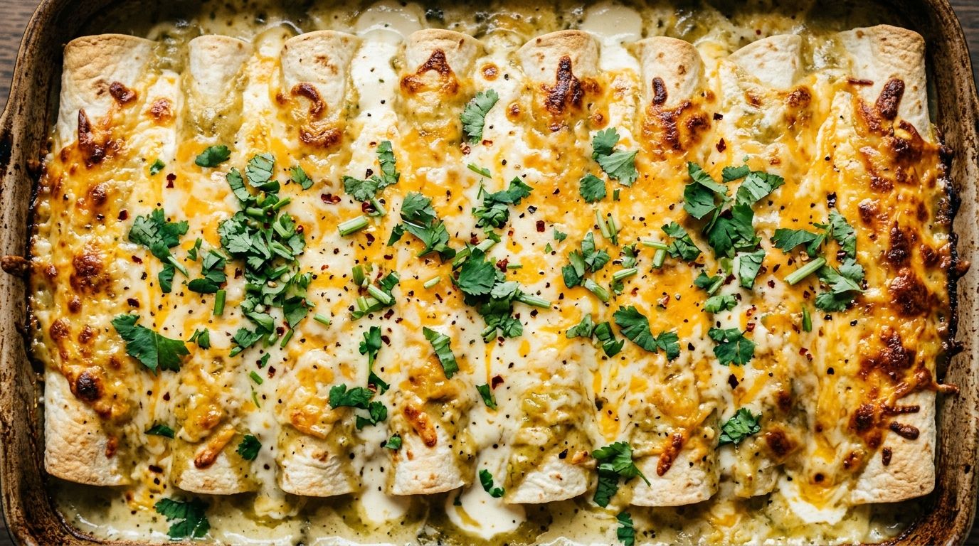 Sour cream chicken enchiladas in a baking dish with bubbling melted cheese and creamy white sauce topped with fresh cilantro.