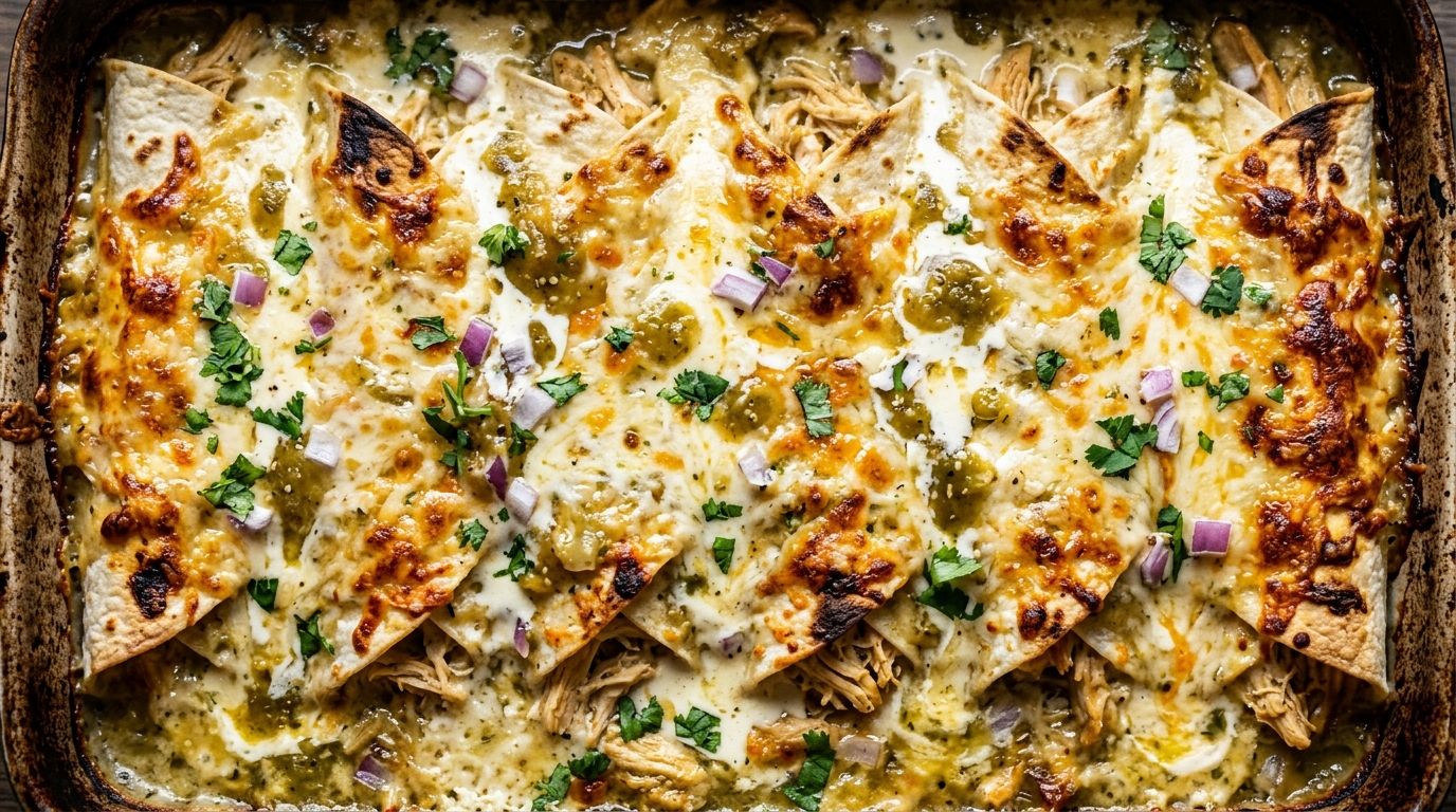 Sour cream chicken enchiladas in a baking dish with golden bubbly cheese and green chile sauce on dark oak.