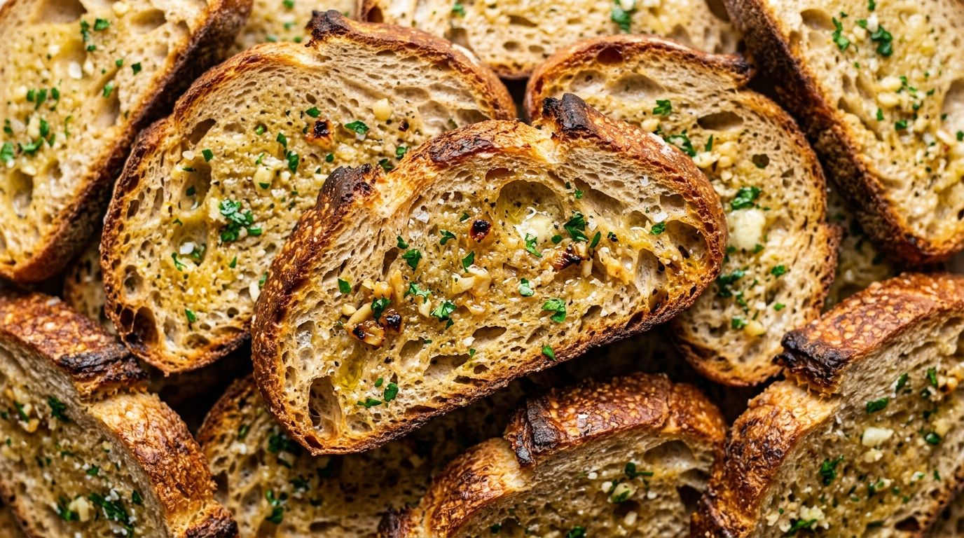 Sourdough garlic bread slices with golden crispy edges and garlic herb butter on a dark oak surface.