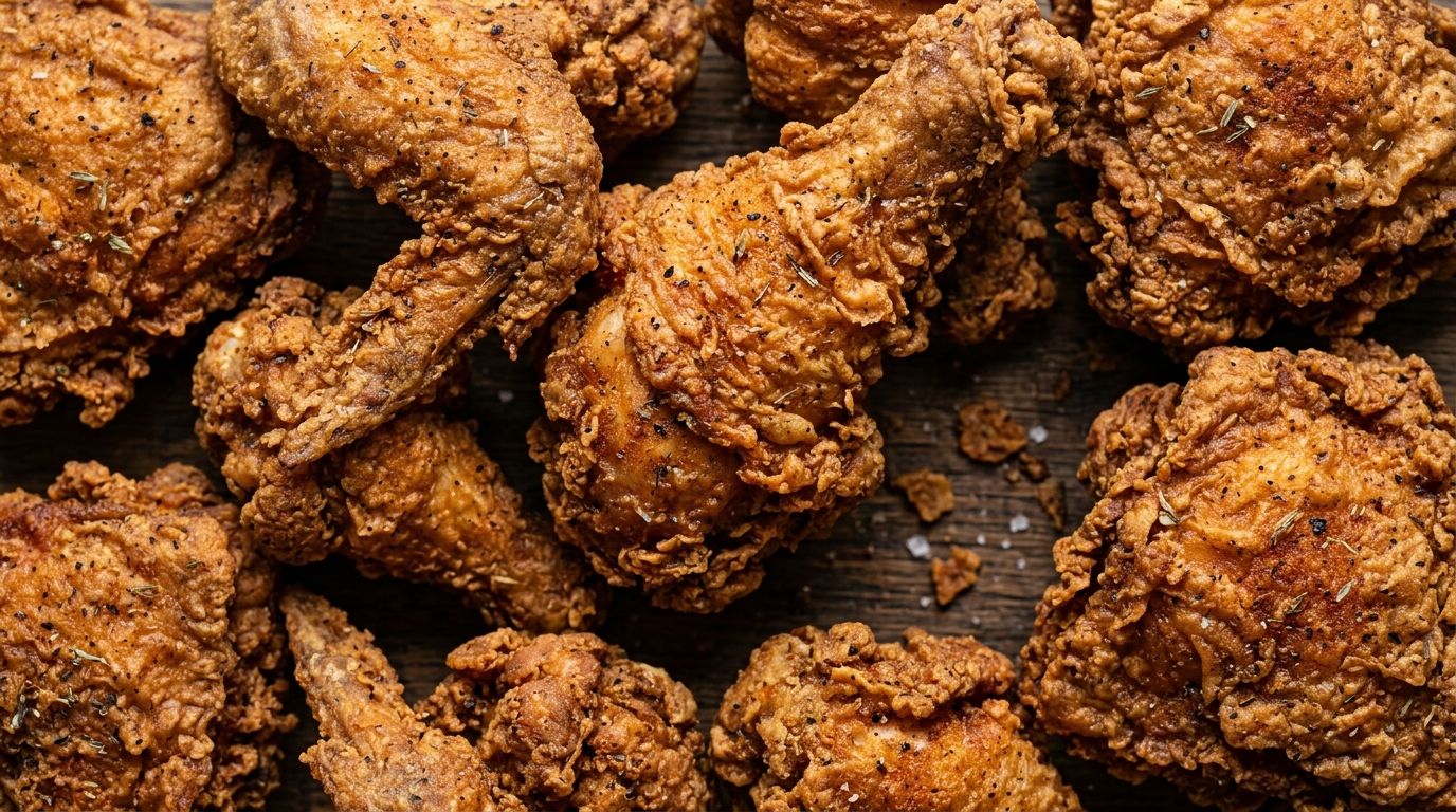 Golden crispy southern fried chicken pieces on a wire rack with a dark herb-spiced crust.