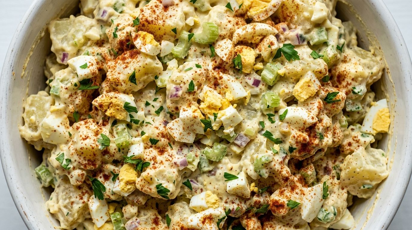 Overhead view of southern potato salad in a white bowl with paprika and chopped eggs visible.