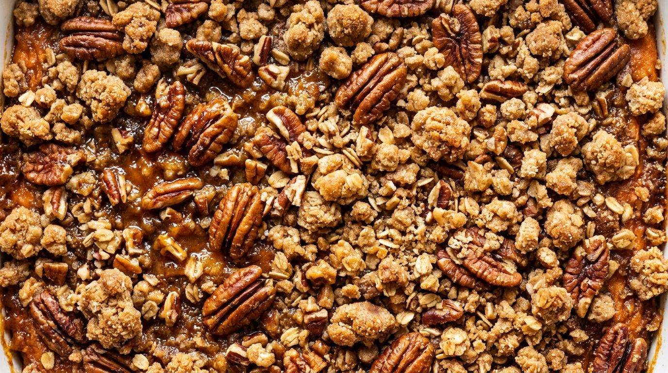 Southern sweet potato casserole with golden pecan streusel topping in a white baking dish