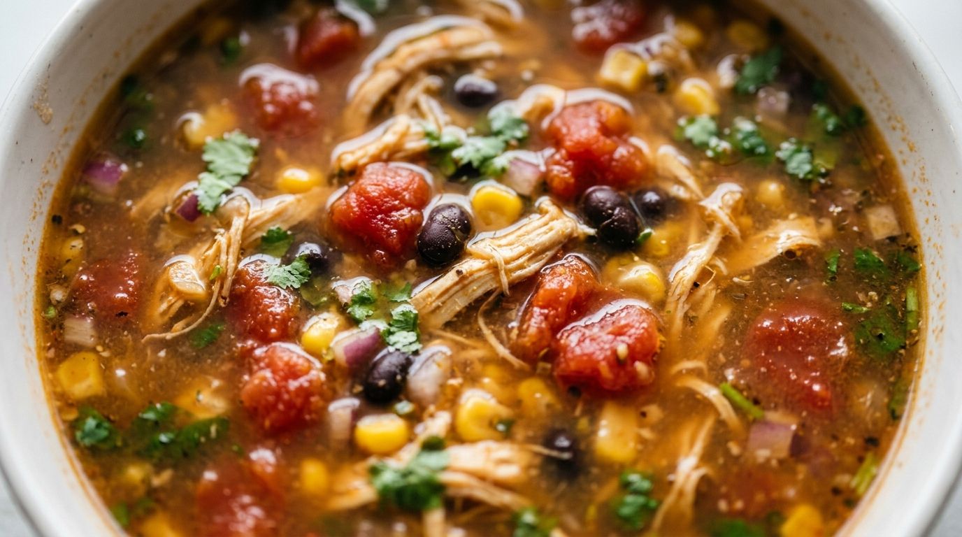 Stove top chicken tortilla soup in a white bowl with shredded chicken, black beans, corn, and tortilla strips on a dark surface.