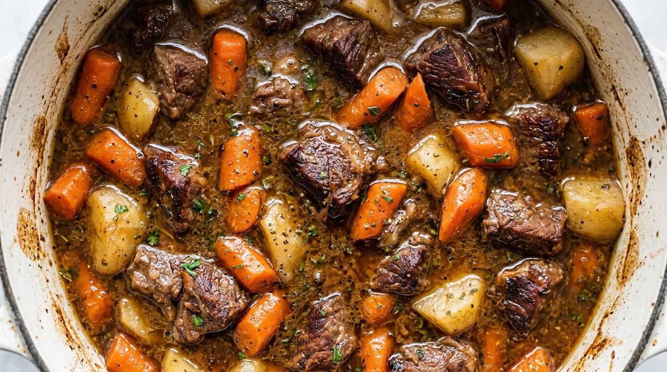 Overhead view of stovetop beef stew with tender beef chunks, carrots, and potatoes in a rich dark broth in a white Dutch oven.