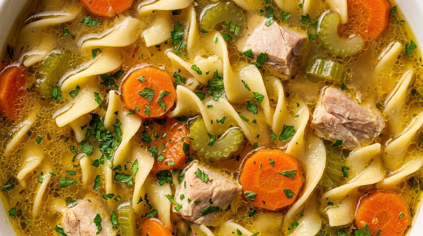 Bowl of stovetop chicken noodle soup with egg noodles, carrots, and parsley on a wood surface.