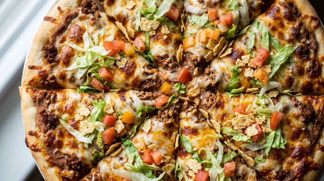 Taco pizza topped with melted cheese, shredded lettuce, diced tomatoes, and crushed tortilla chips on a wooden board.