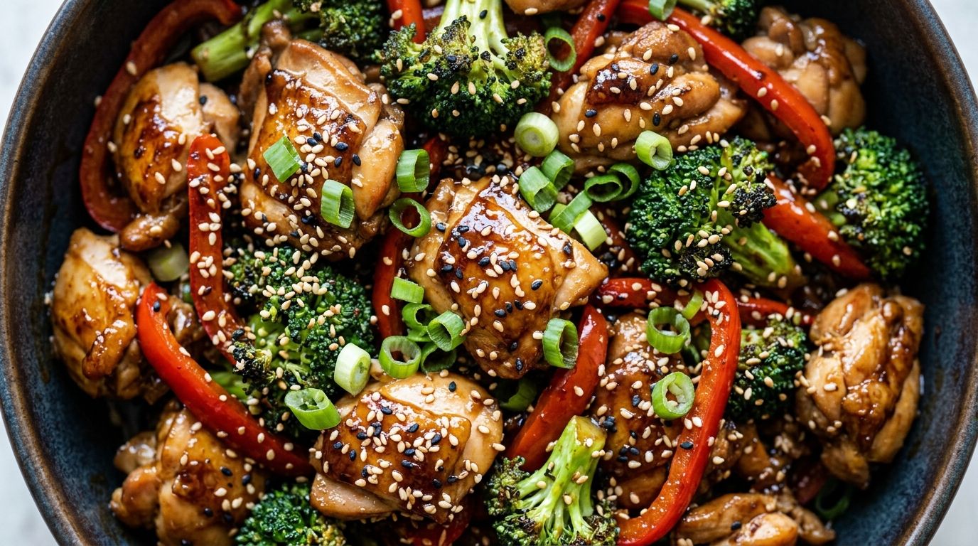 Teriyaki chicken stir fry with broccoli, red bell pepper, and mushrooms in a glossy soy glaze topped with sesame seeds.